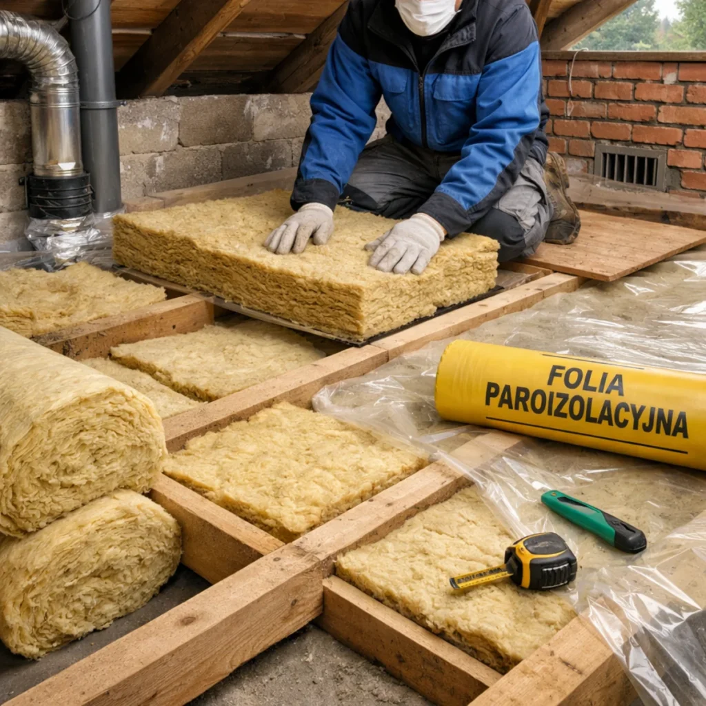 Montaż wełny mineralnej w stropodachu i przygotowanie paroizolacji