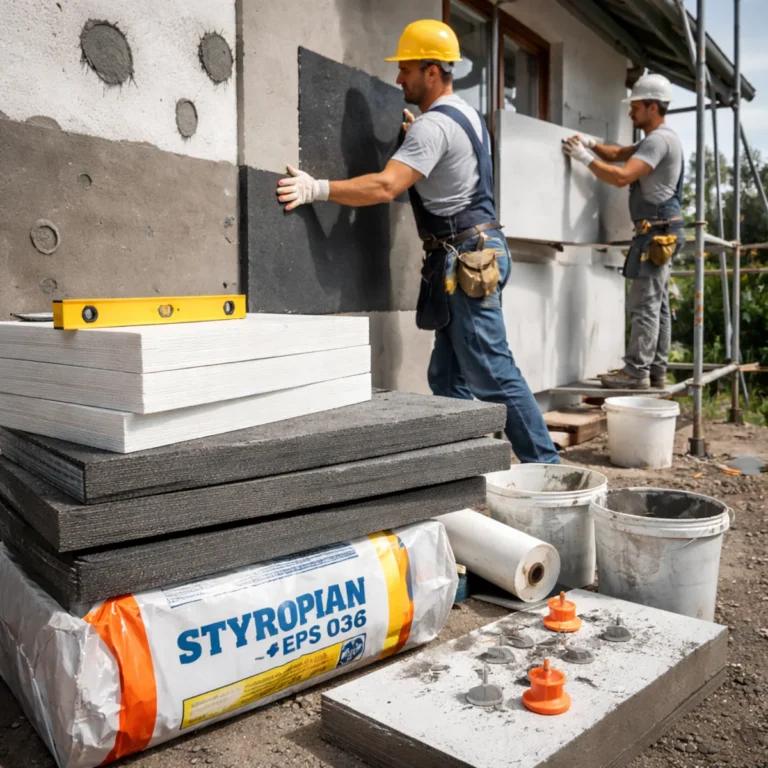 Ocieplenie styropianem elewacji domu – montaż płyt EPS i grafitowych na rusztowaniu, kołki i klej w tle