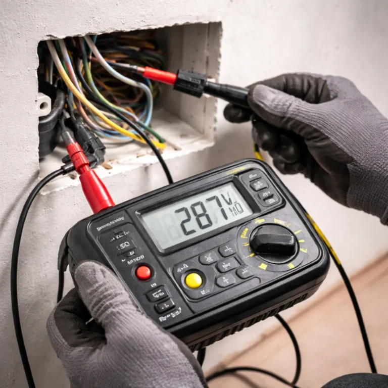 Pomiar rezystancji izolacji kabla megomierzem w puszce elektrycznej, sprawdzanie przewodów w instalacji domowej