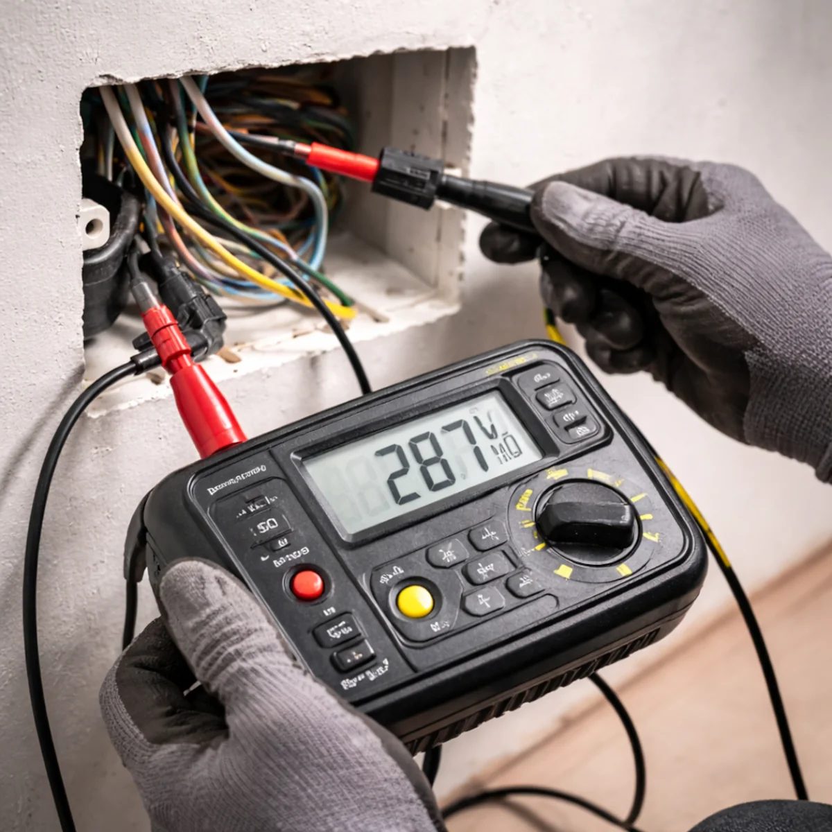 Pomiar rezystancji izolacji kabla megomierzem w puszce elektrycznej, sprawdzanie przewodów w instalacji domowej