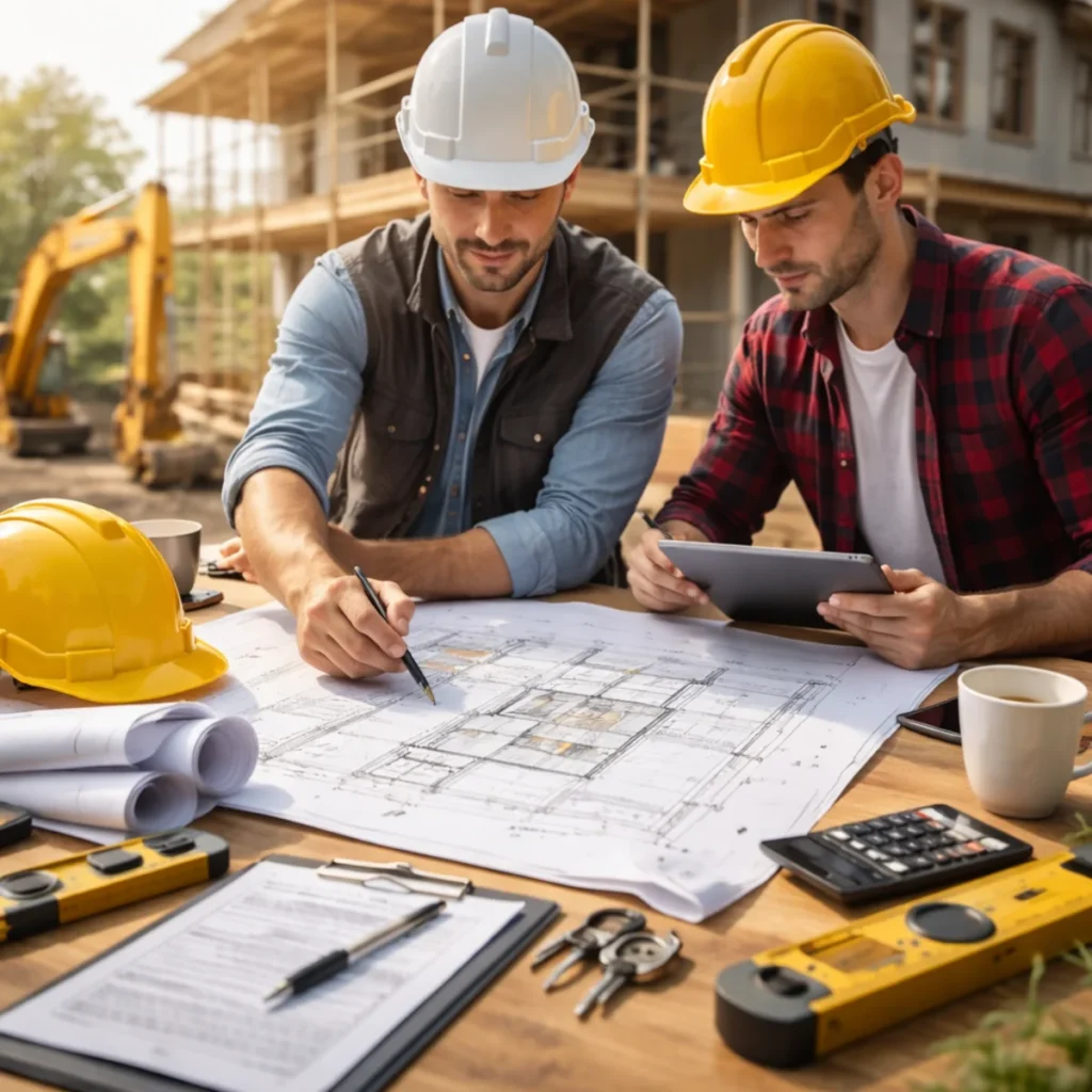 Kierownik budowy i inwestor analizują projekt domu na budowie 2026