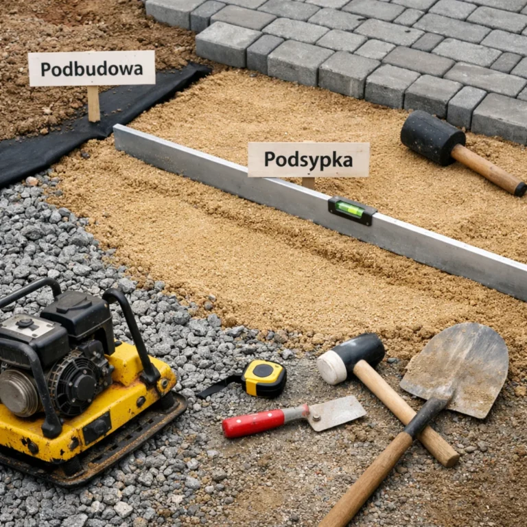 Przygotowanie podłoża pod kostkę brukową – podbudowa z kruszywa i podsypka piaskowa z narzędziami