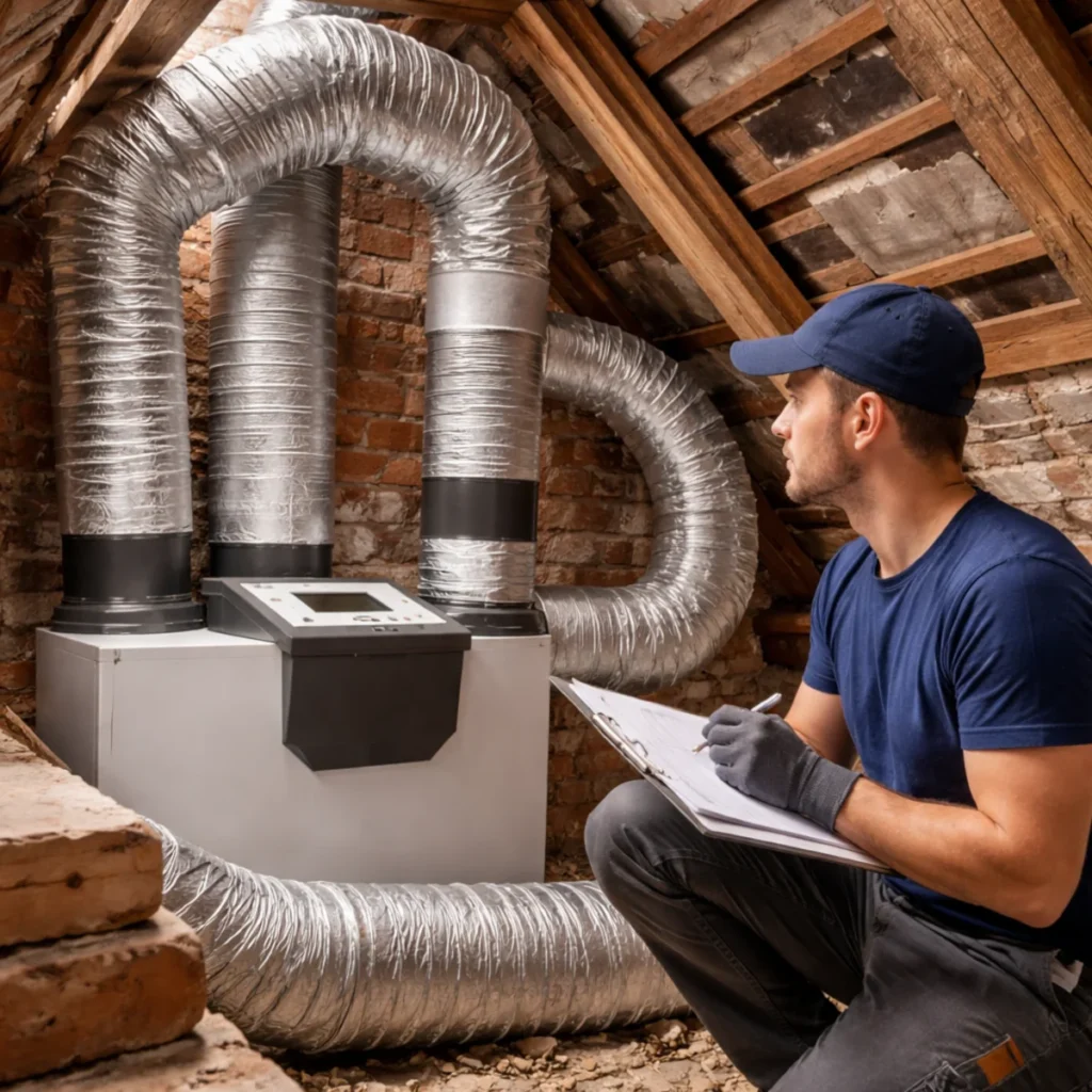 Technik sprawdza rekuperację w starym domu na poddaszu i ocenia instalację kanałów