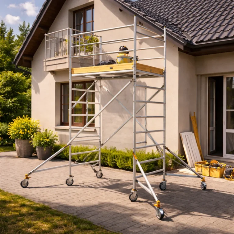 Rusztowanie aluminiowe jezdne ustawione przy domu podczas prac elewacyjnych