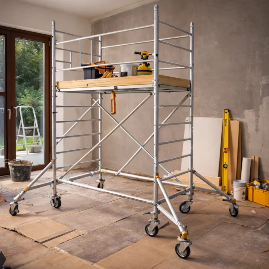 Rusztowanie aluminiowe jezdne w domu podczas remontu i prac wykończeniowych