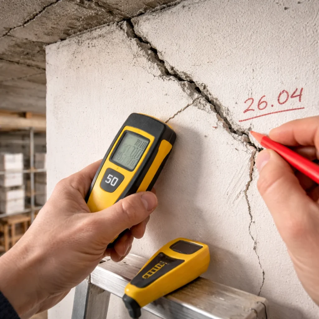 Rysa przy suficie przy wieńcu stropowym – pomiar wilgotności i oznaczenie pęknięcia na ścianie