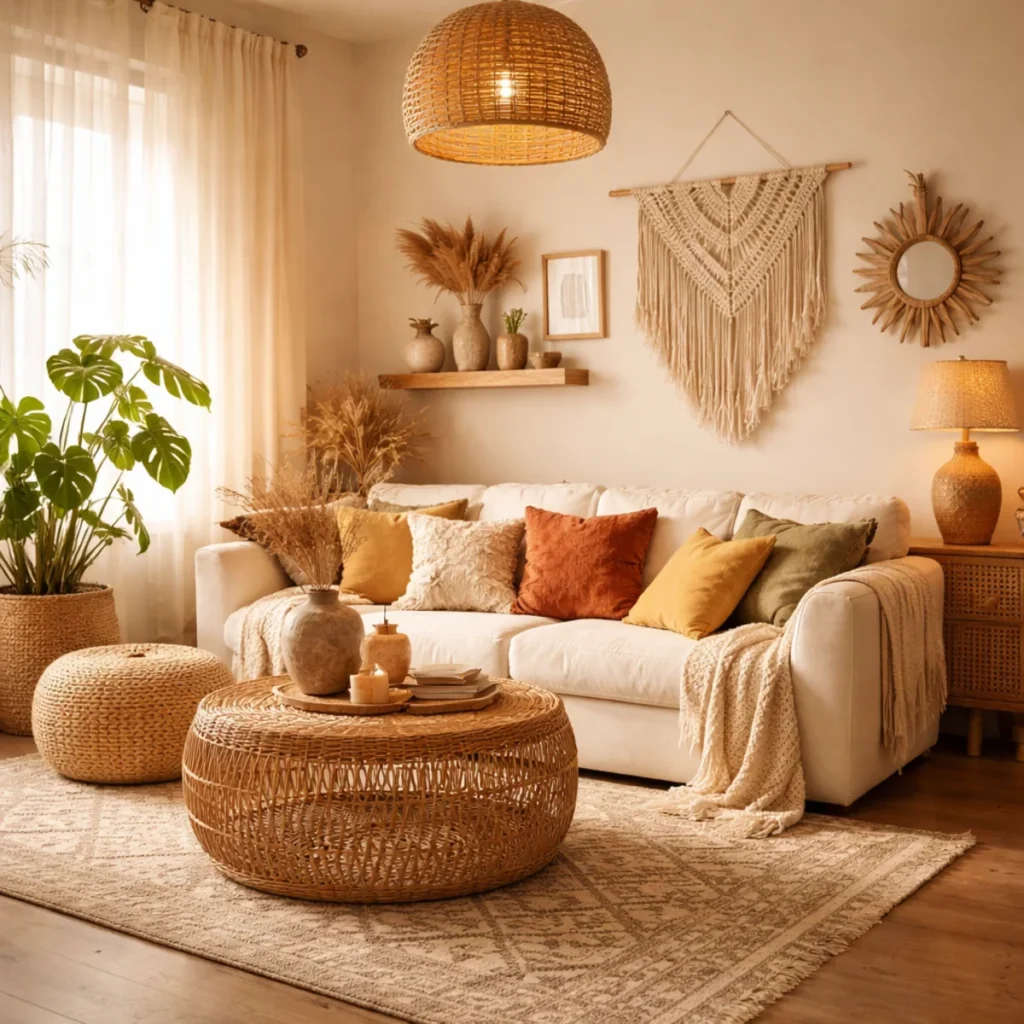 Salon w stylu boho z jasną sofą, rattanowym stolikiem, makramą i ciepłymi dodatkami