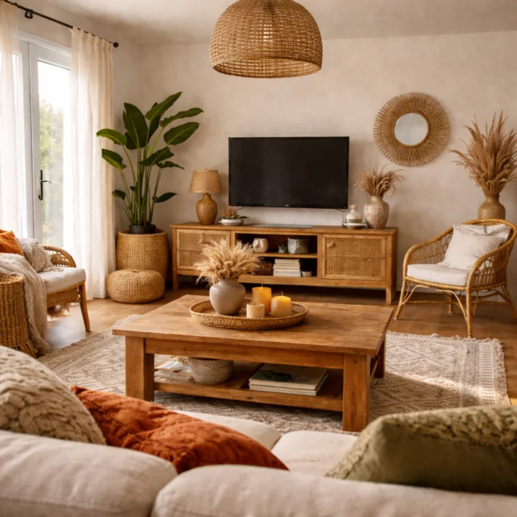 Salon w stylu boho widziany z kanapy z konsolą rattanową, TV, roślinami i światłem słonecznym