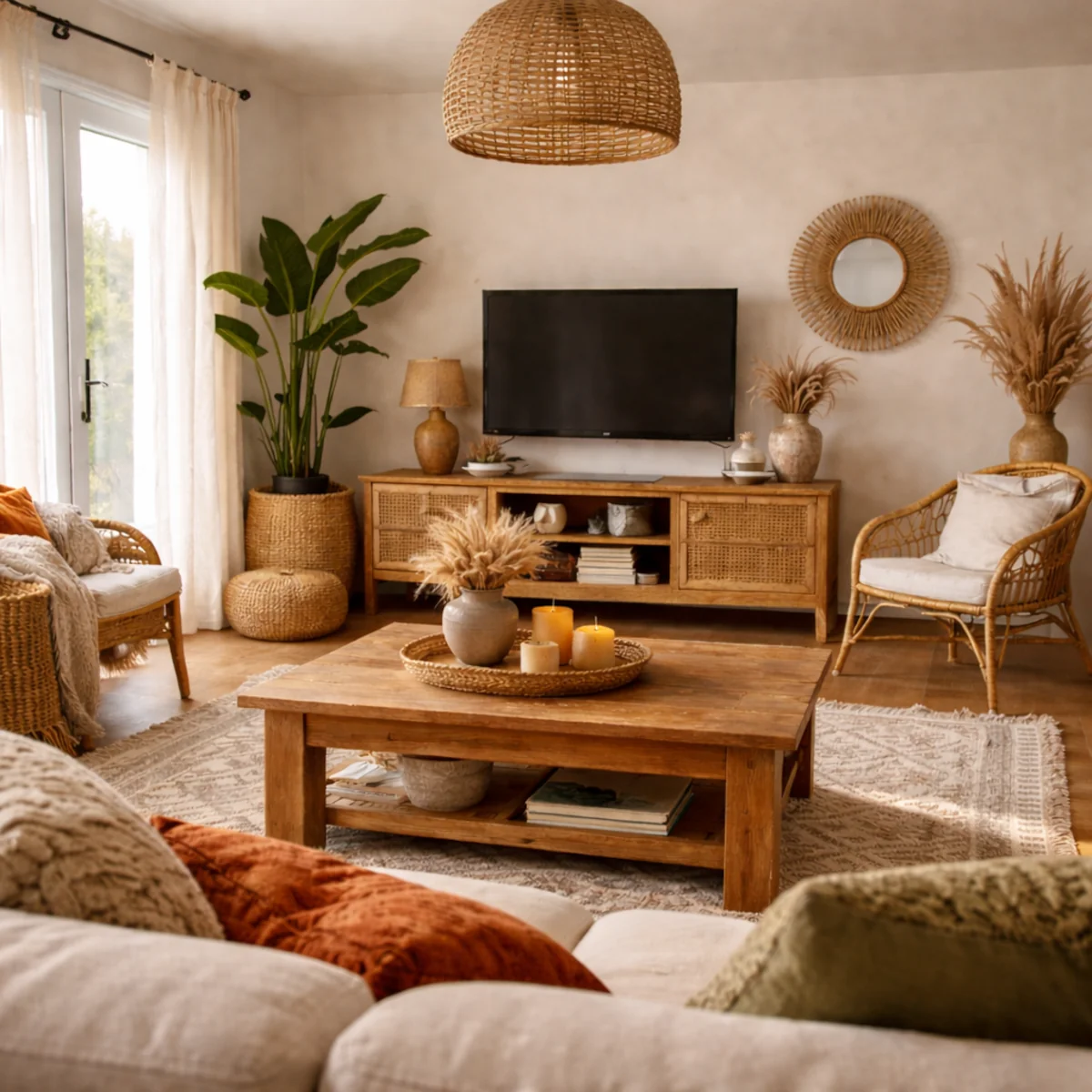 Salon w stylu boho widziany z kanapy z konsolą rattanową, TV, roślinami i światłem słonecznym