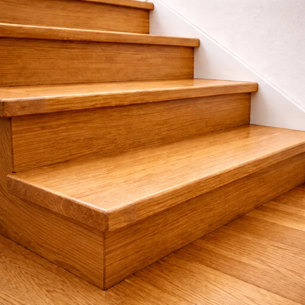 Gotowe schody drewniane po lakierowaniu – jednolita powierzchnia i satynowe wykończenie