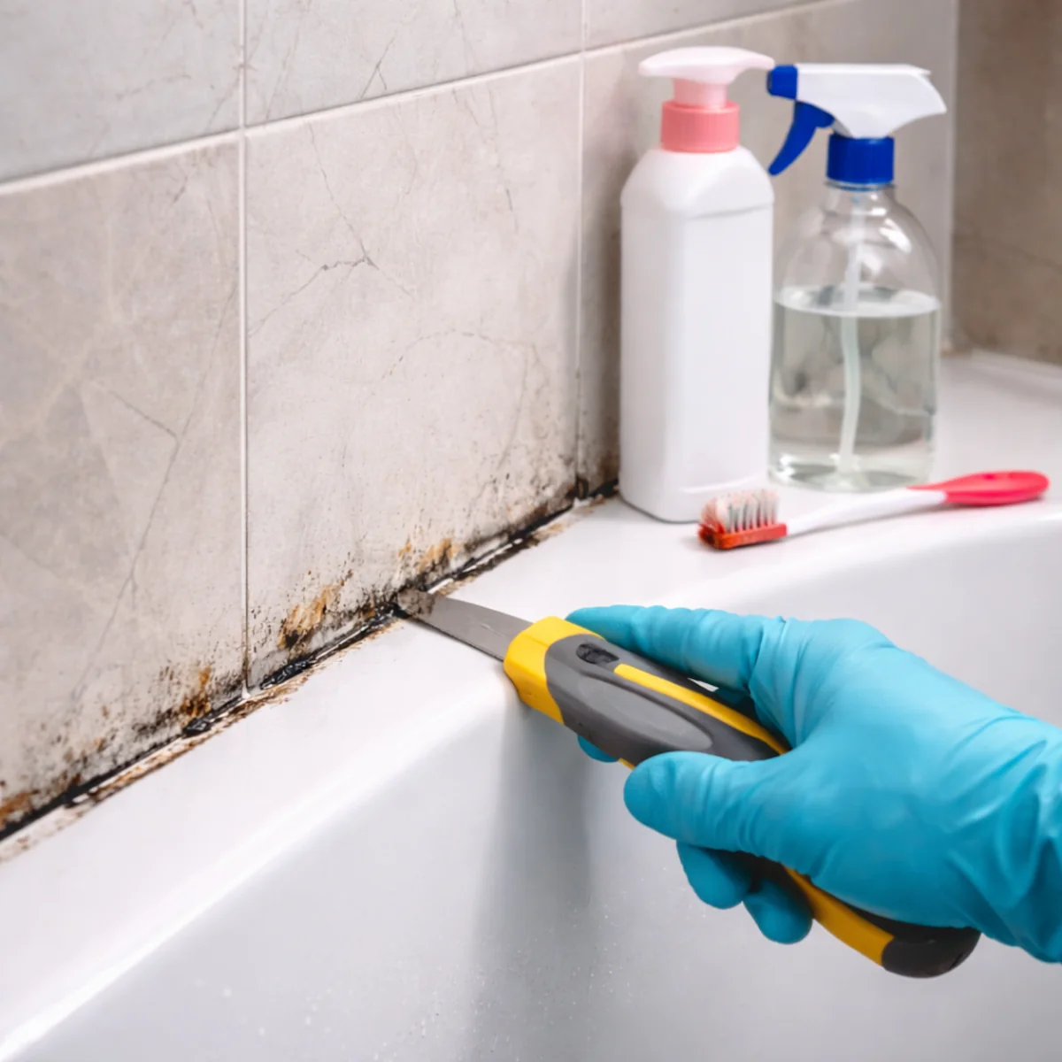 Usuwanie spleśniałego silikonu w łazience przy wannie i płytkach