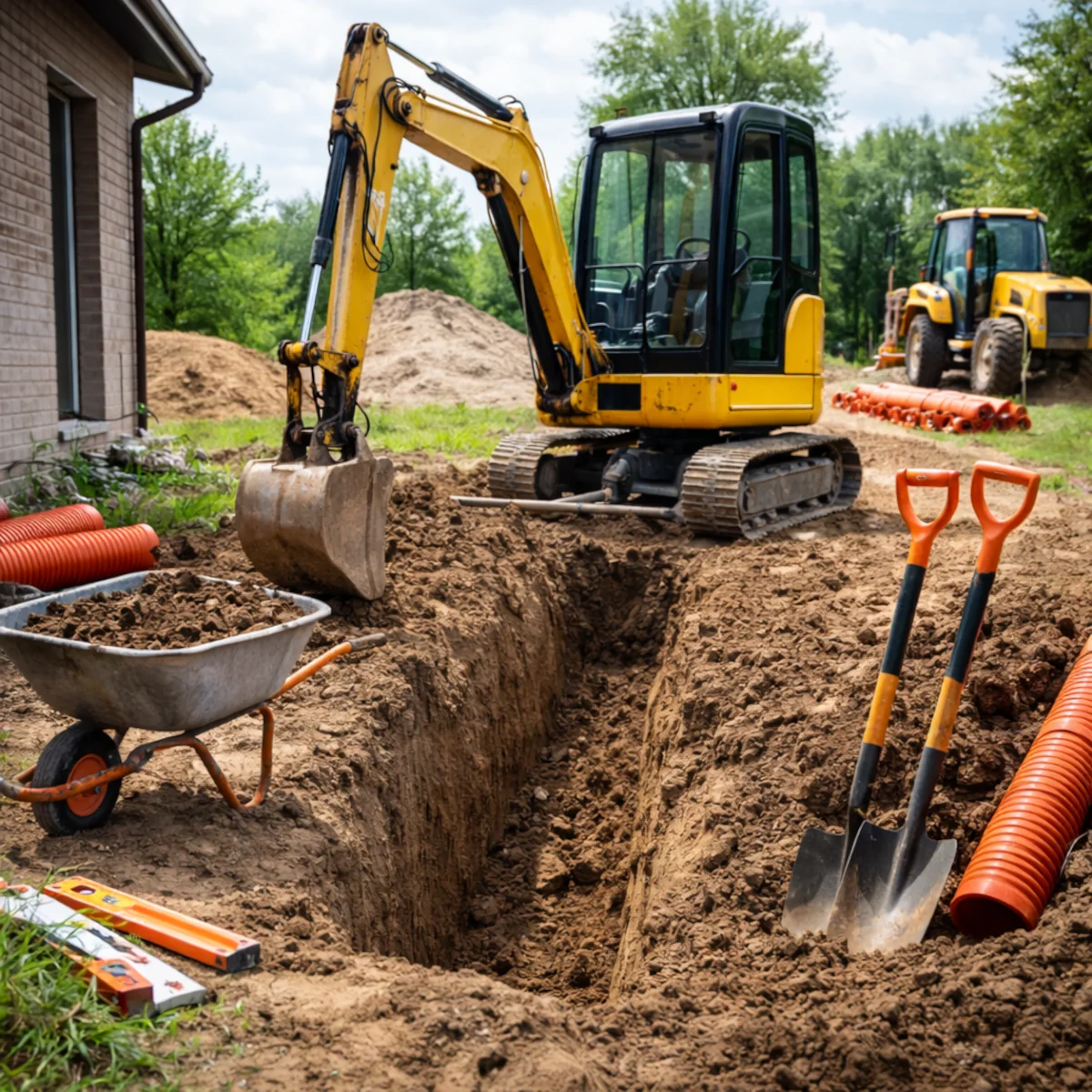Wykop przy domu wykonywany minikoparką oraz sprzęt budowlany do wykopów i łopaty na placu budowy