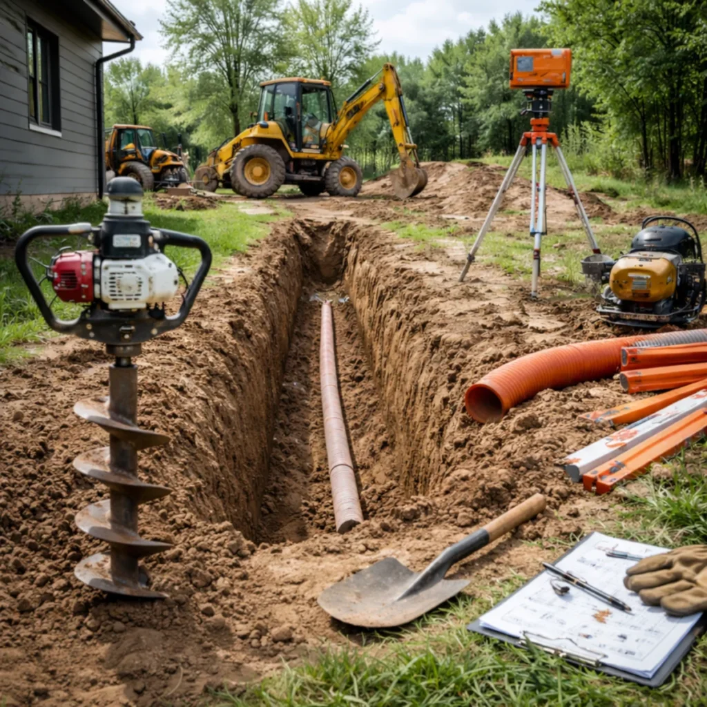 Wykop pod przyłącze z rurą w ziemi oraz sprzęt budowlany do wykopów na placu budowy