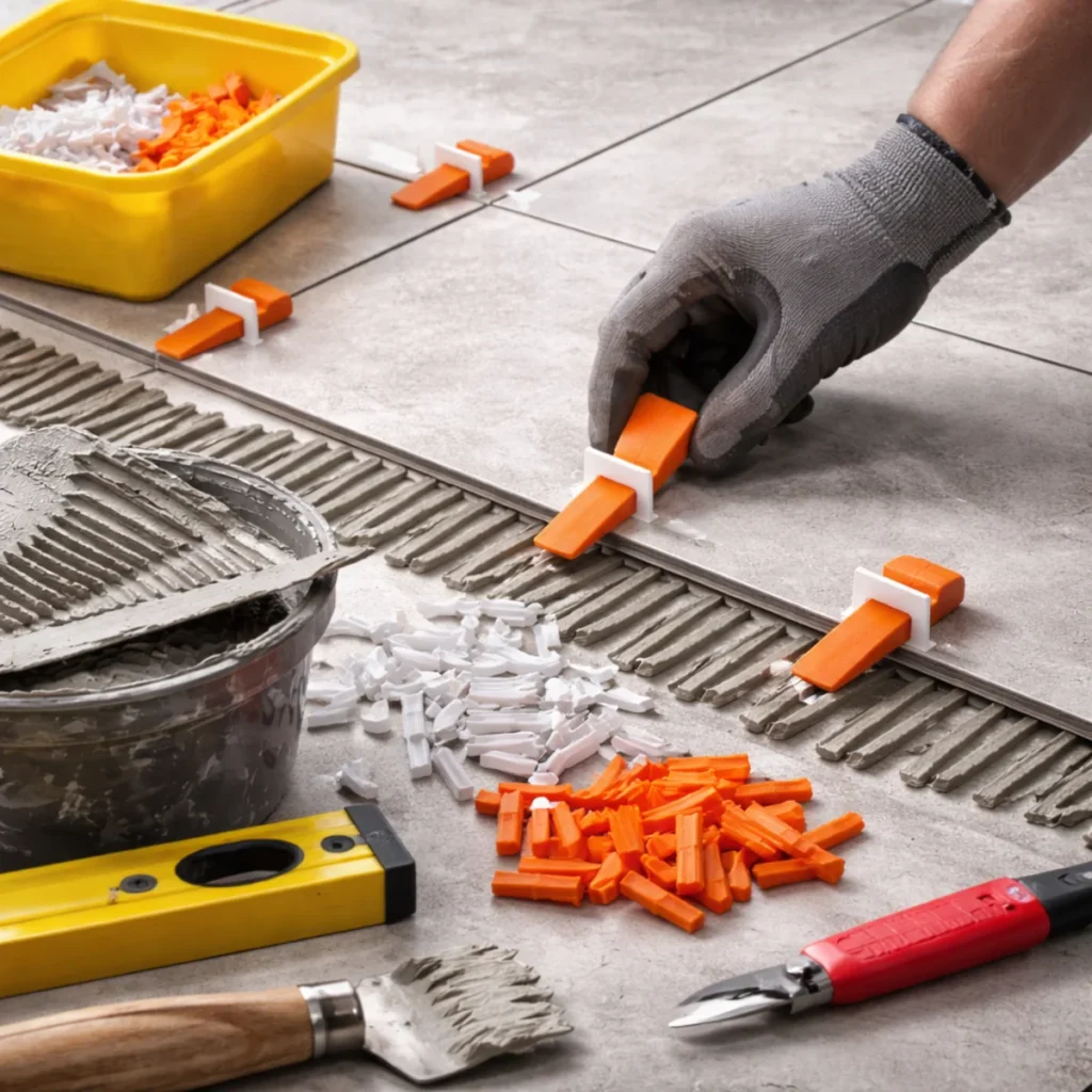 Montaż klina w systemie poziomowania płytek podczas układania dużych płytek gresowych