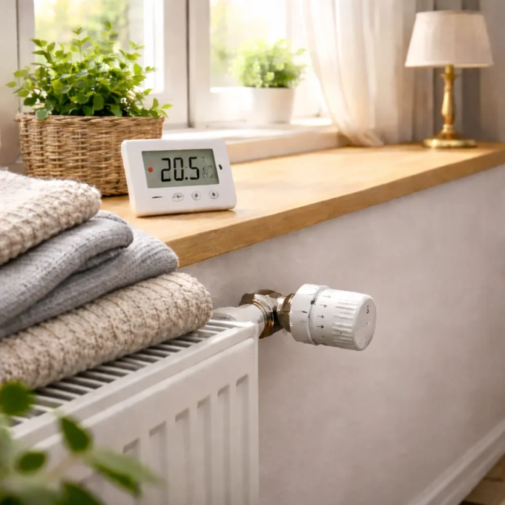 Grzejnik pod oknem i termometr pokojowy 20,5°C – prawidłowe ustawienie temperatury w mieszkaniu