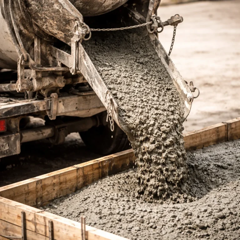 Transport materiałów budowlanych – betoniarka wylewa beton z rynny do szalunku