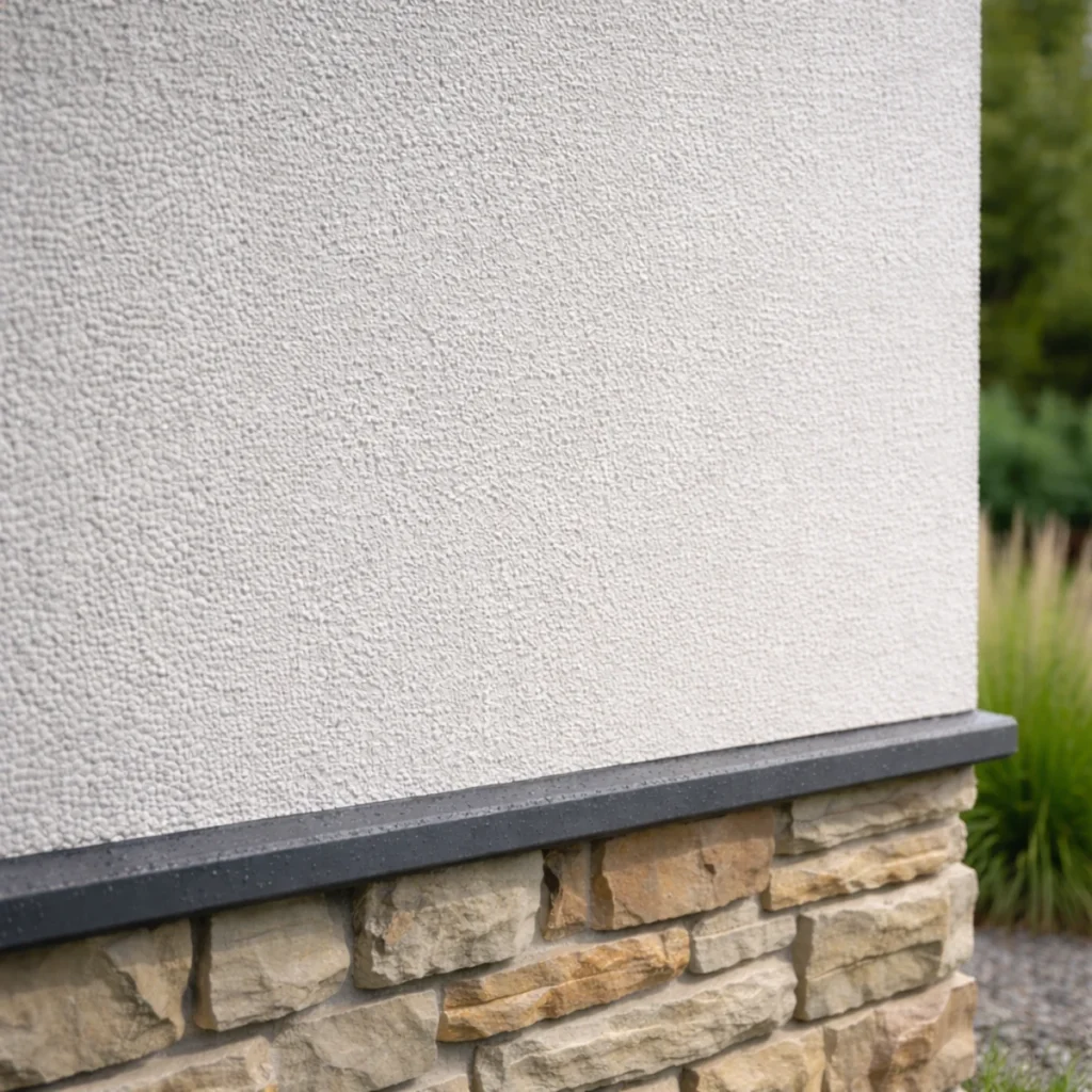 Zbliżenie na gotowe wykończenie elewacji – struktura tynku i krople wody, detal przy cokole z okładziną kamienną.