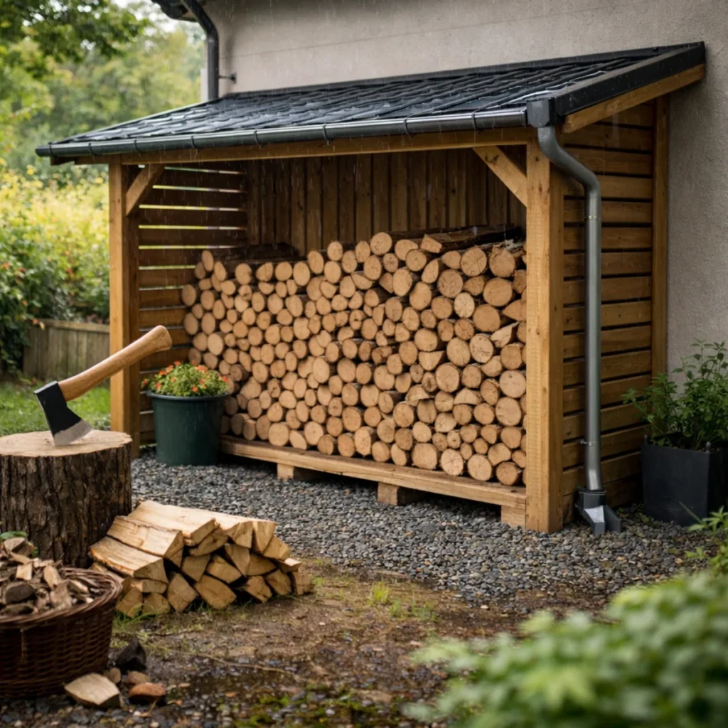 Wiata na drewno opałowe przy domu podczas deszczu – drewno ułożone na podkładach i siekiera na pniu
