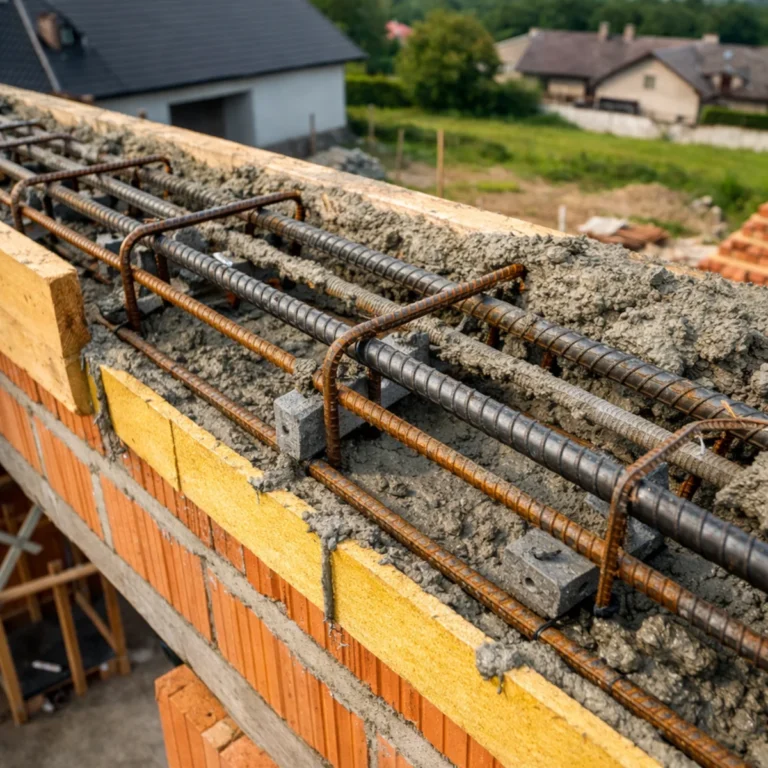 Wieniec stropowy na ścianie z pustaków – zbrojenie, strzemiona i świeży beton w szalunku