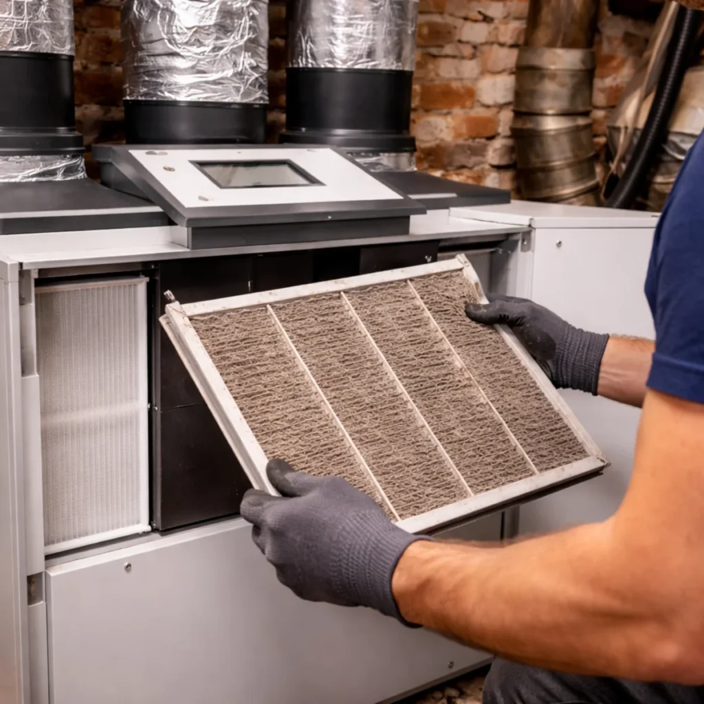 Wymiana brudnego filtra w rekuperatorze w starym domu – serwis i czyszczenie instalacji