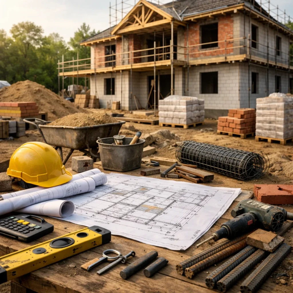 Realny plac budowy domu jednorodzinnego 2026 z materiałami i rusztowaniem
