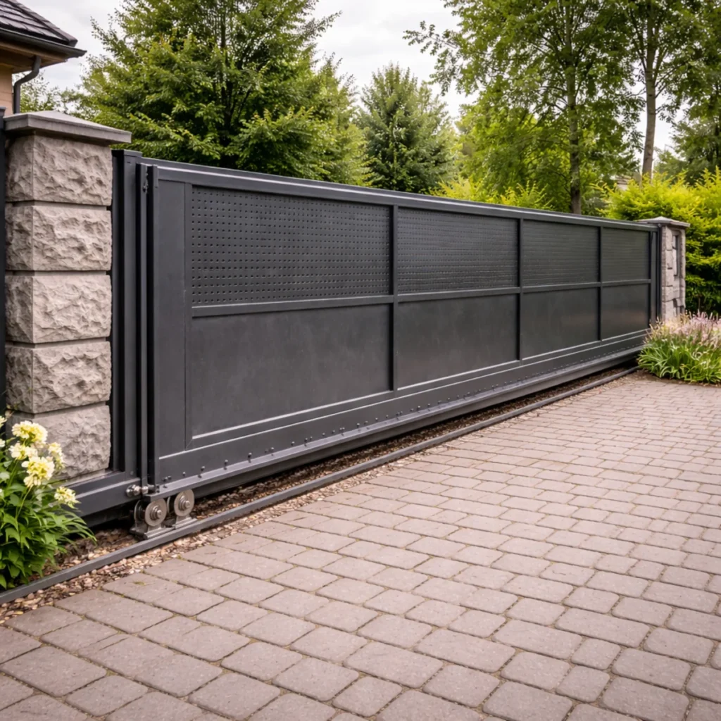 Brama przesuwna na prowadnicy przy domu – widok z dalsza, wjazd i ogrodzenie