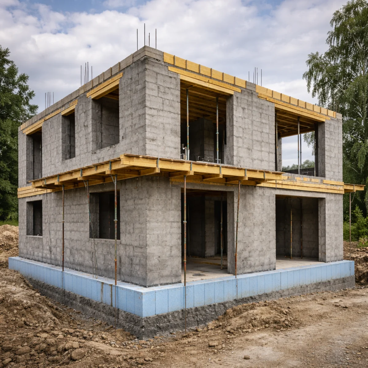 Surowy dom w budowie z pustaków szalunkowych na fundamencie, widoczne zbrojenie i szalunki stropu