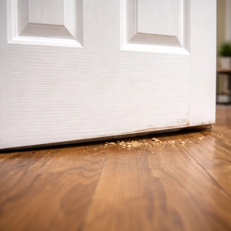 Opadnięte białe drzwi wewnętrzne – nierówna szczelina przy podłodze