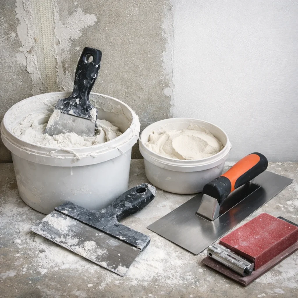 Narzędzia do gładzi i szpachli oraz wiadro masy przy ścianie w trakcie wyrównywania