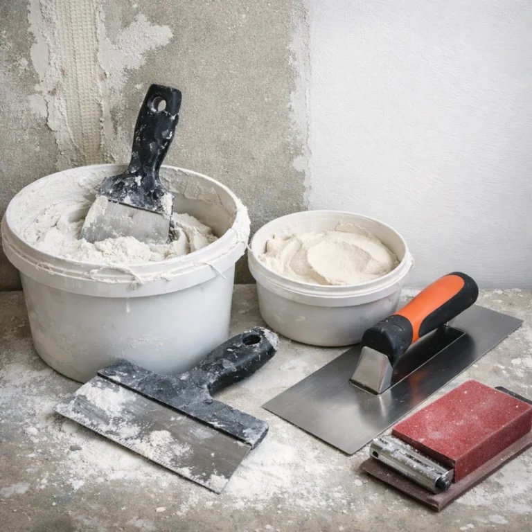 Narzędzia do gładzi i szpachli oraz wiadro masy przy ścianie w trakcie wyrównywania