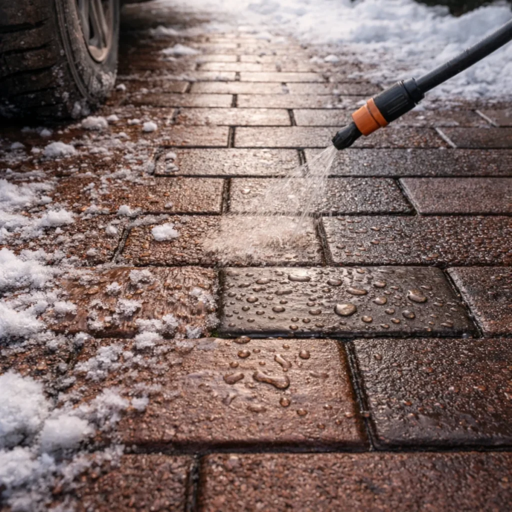 Impregnacja kostki brukowej zimą – woda perli się na zabezpieczonej nawierzchni przy soli i śniegu