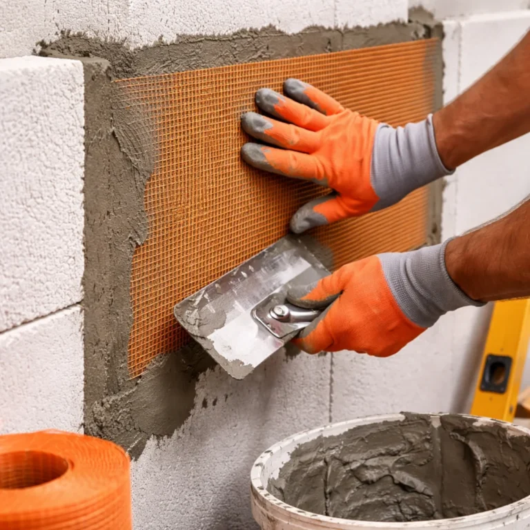 Zatapianie siatki do styropianu w kleju pod tynk na elewacji