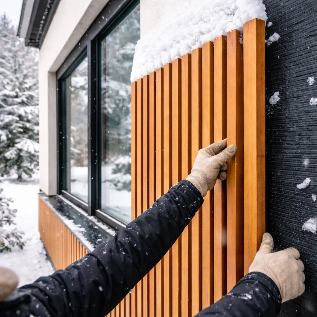 Poluzowany lamel na elewacji zimą – poprawka lameli elewacyjnych przy oknie, odstający element