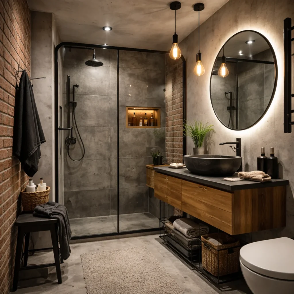 Mała łazienka loft z prysznicem walk-in, betonem, drewnianą szafką i czarną armaturą