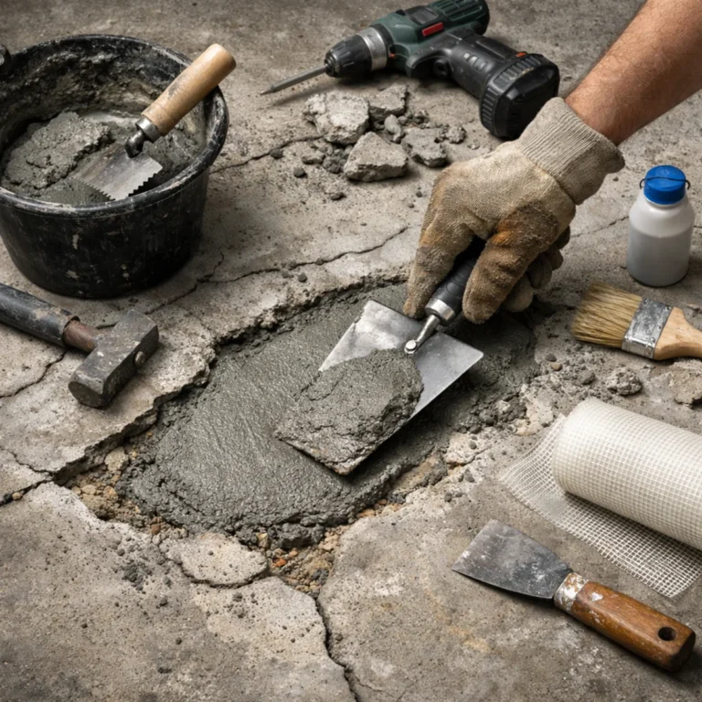 Masa naprawcza do betonu nakładana pacą na ubytek w betonowej posadzce, obok wiadro zaprawy i narzędzia