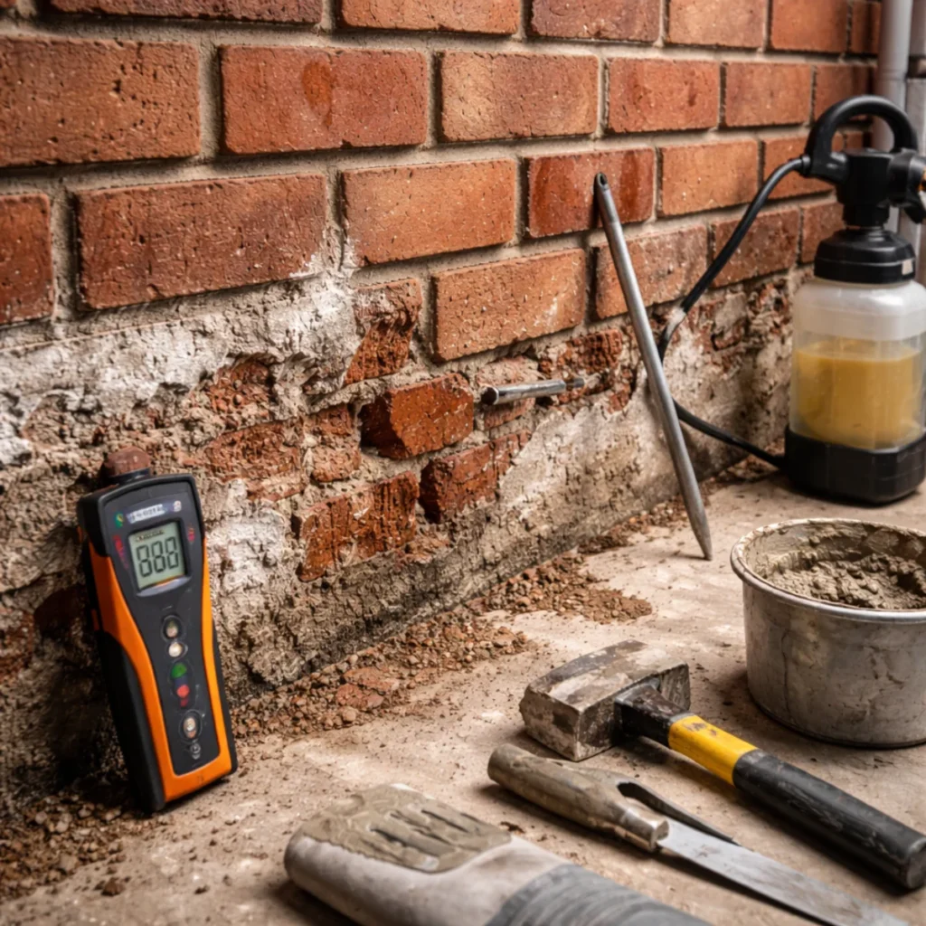 Zawilgocony mur z cegły z wykwitami – pomiar wilgotności i przygotowanie do naprawy spoin