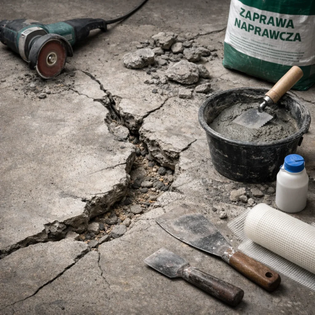 Pęknięcie w betonowej posadzce i przygotowane narzędzia do naprawy, zaprawa naprawcza, wiadro z masą i siatka