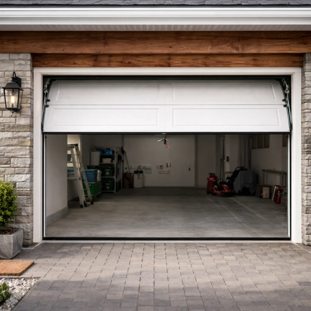 Otwarta brama garażowa segmentowa z widocznym wnetrzem garazu