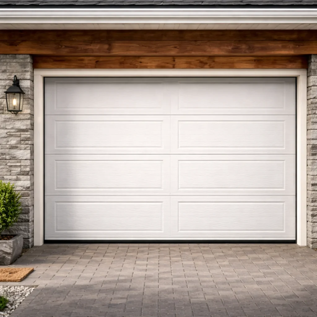 Zamknięta biała brama garażowa segmentowa przy domu jednorodzinnym