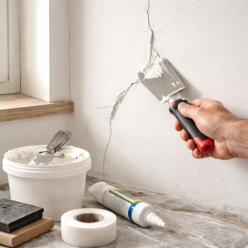 Wypełnianie rysy w ścianie masą szpachlową przed malowaniem