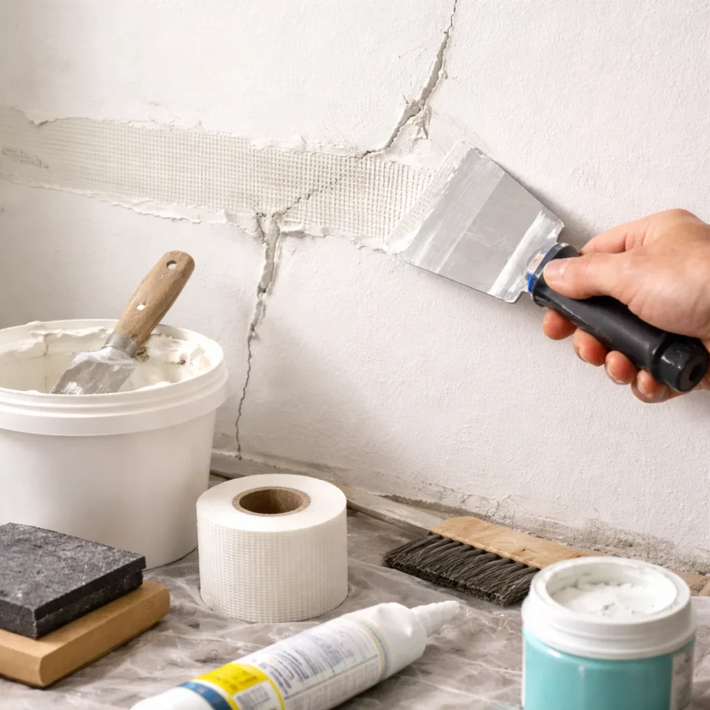 Naprawa pęknięcia w ścianie z taśmą zbrojącą i masą szpachlową