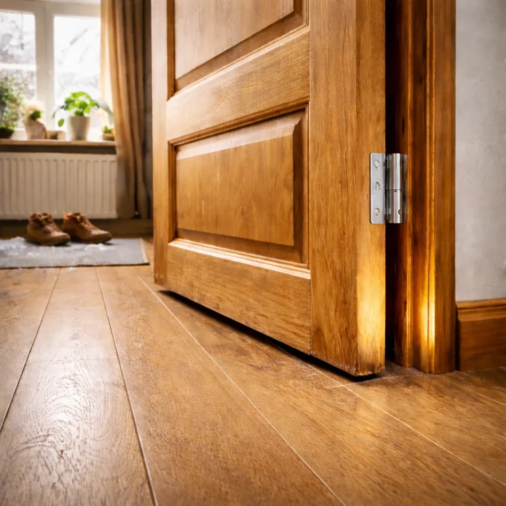 Opadłe drewniane drzwi wewnętrzne z widocznym zawiasem, ocierające o podłogę po zimie