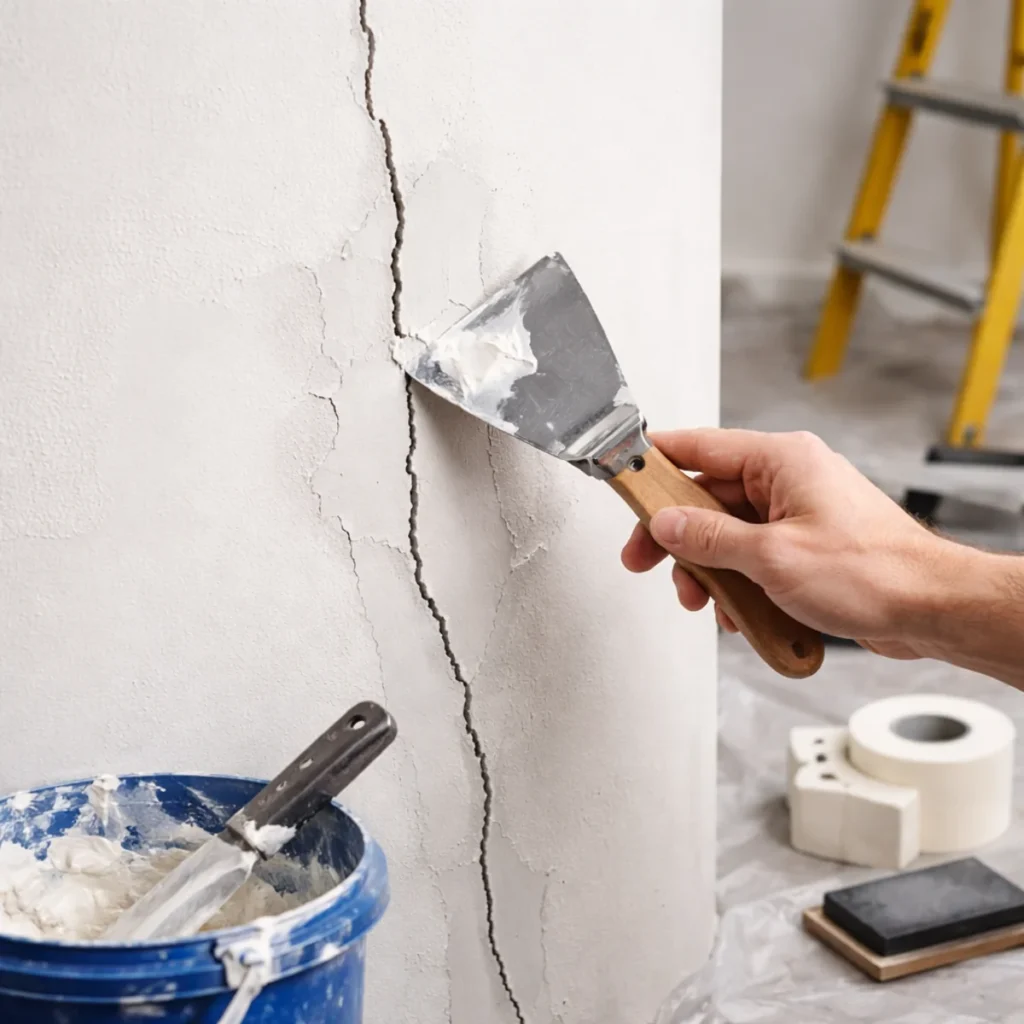 Naprawa pęknięcia na ścianie po malowaniu – nakładanie gładzi szpachelką