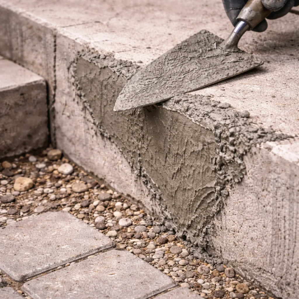 Zbliżenie na świeżą masę naprawczą do betonu wygładzaną pacą