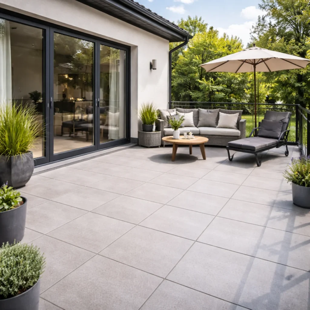 Gotowy taras przy domu z dużymi płytami i strefą wypoczynkową