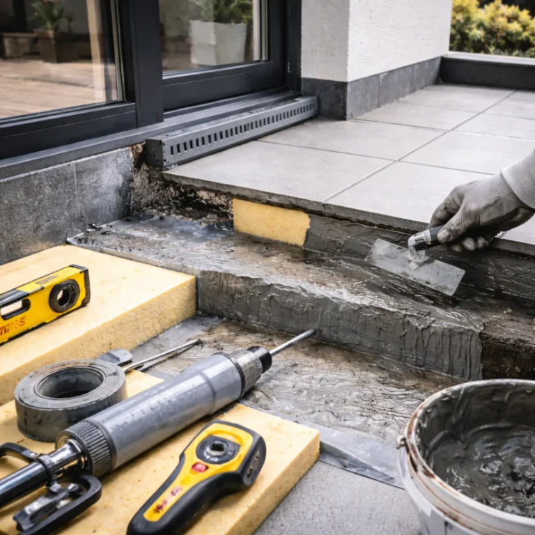 Pomiar wilgotności na płycie tarasu podczas prac przy ociepleniu i hydroizolacji