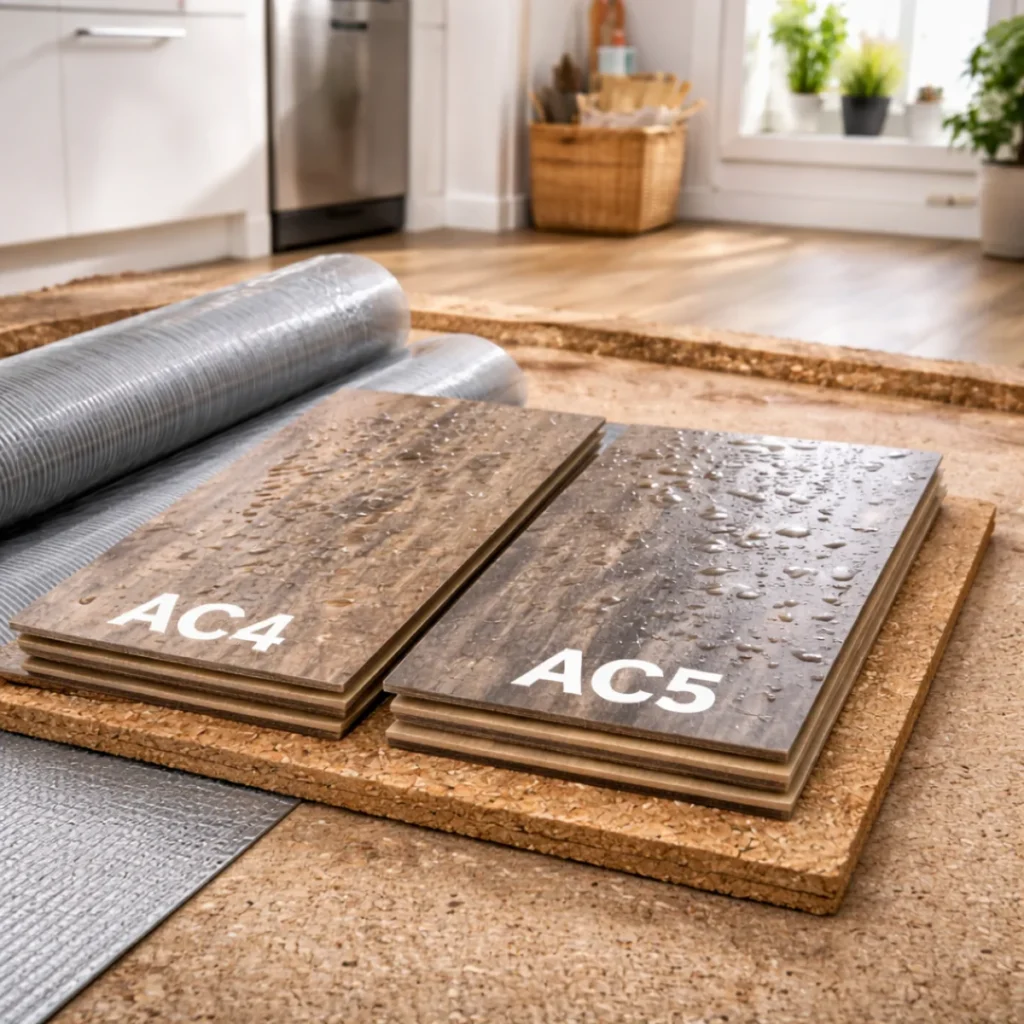 Porównanie paneli AC4 i AC5 do kuchni i przedpokoju, krople wody na powierzchni