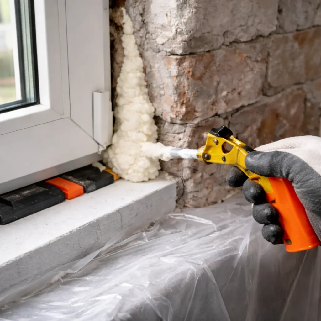 Aplikacja piany niskoprężnej do okien pistoletem przy montażu okna PVC, wypełnianie szczeliny między ramą a murem