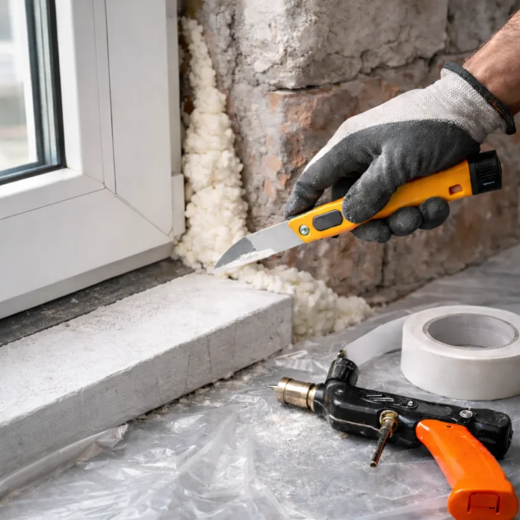 Docinanie utwardzonej piany niskoprężnej do okien nożem przy ościeżnicy, przygotowanie do zabezpieczenia i wykończenia