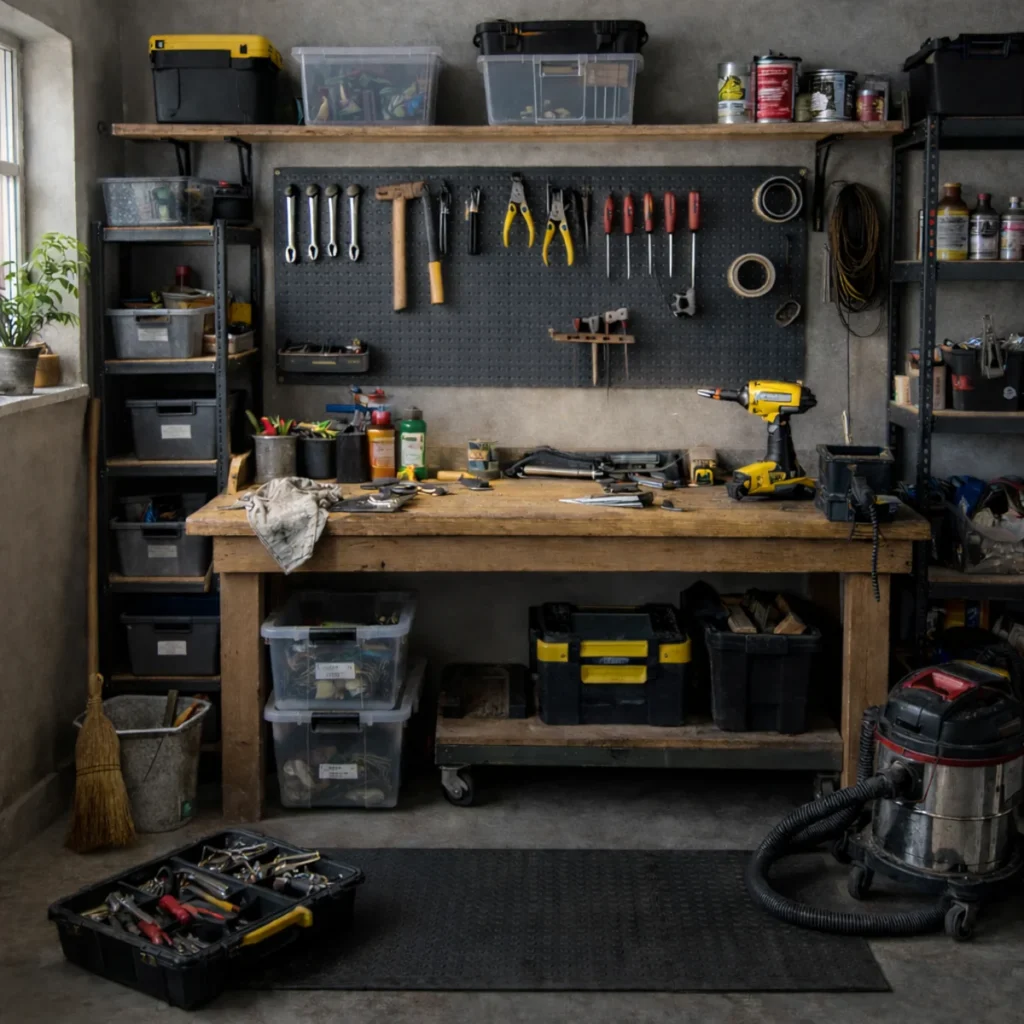 Wiosenne porządki w warsztacie domowym, stół roboczy z pegboardem, pojemniki i odkurzacz warsztatowy